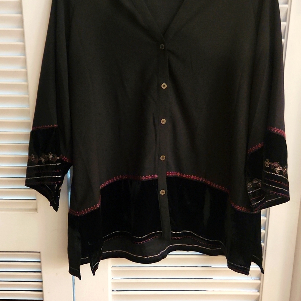 Women's Democracy Black Blouse with Velvet & Embroidered Embelishments, Size M